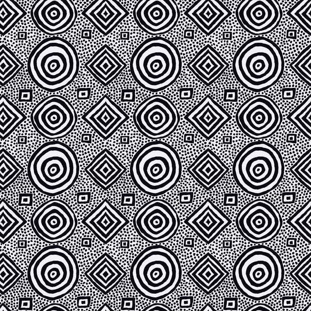 Black and white geometric pattern with circles and squares