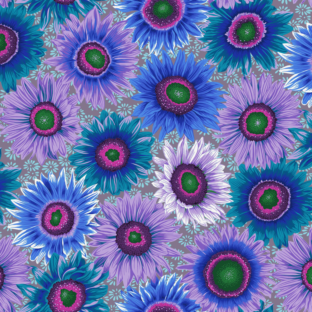 Pattern of blue and purple flowers with green centers on a gray background