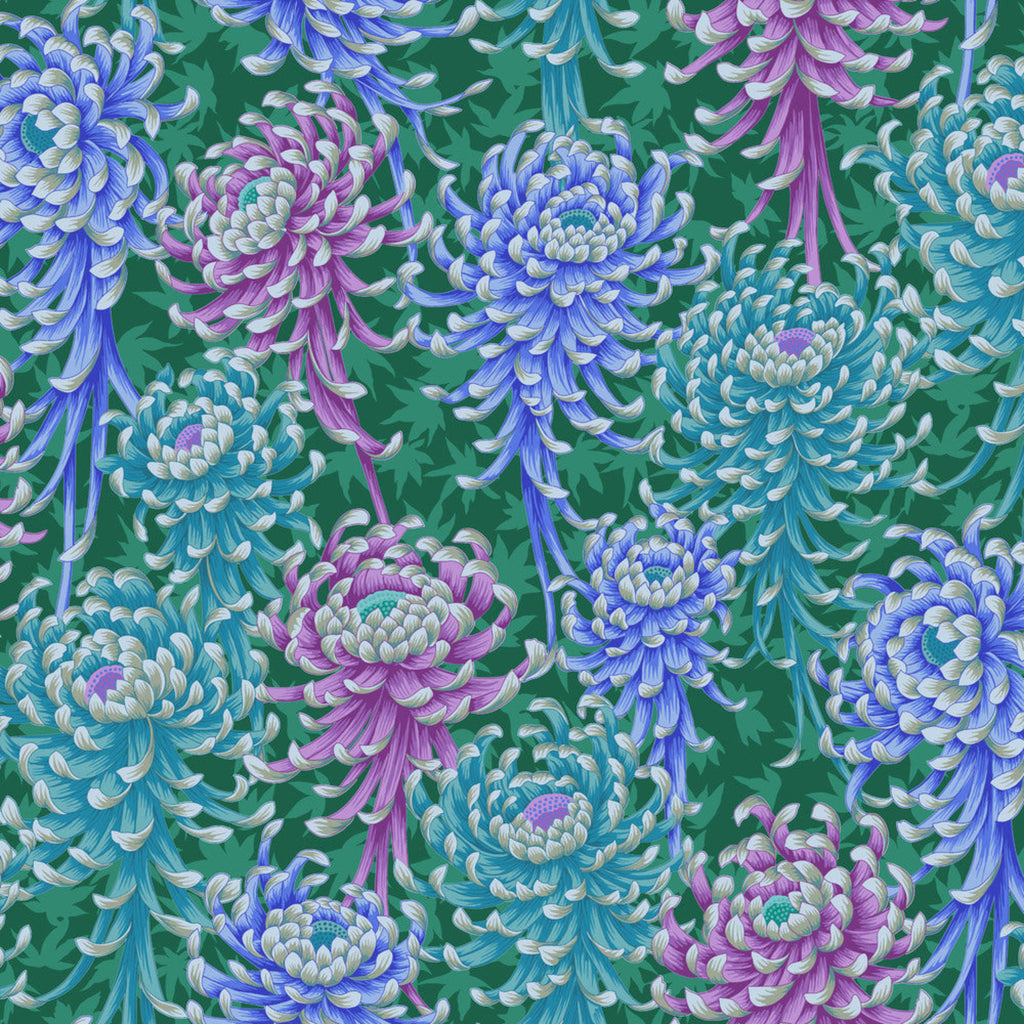Pattern of blue and purple flowers on a green background