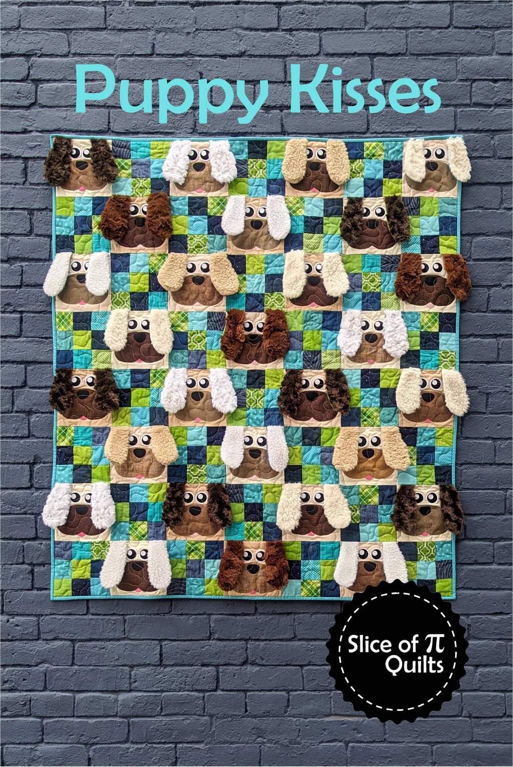 A quilt with a pattern of dog faces in various colors on a blue checkered background, titled 'Puppy Kisses' by Slice of Pi Quilts.