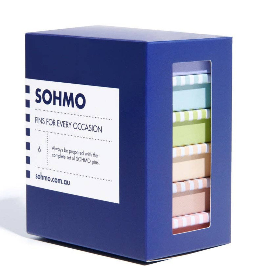 Blue box of SOHMO pins with a clear window showing the pins inside.