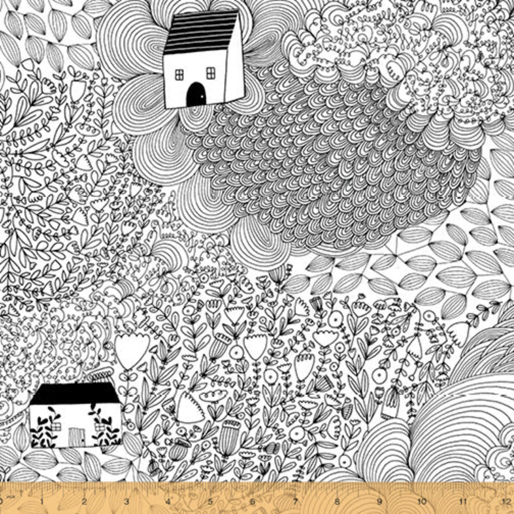 A fabric featuring a white line drawing of a house surrounded by abstract floral patterns.