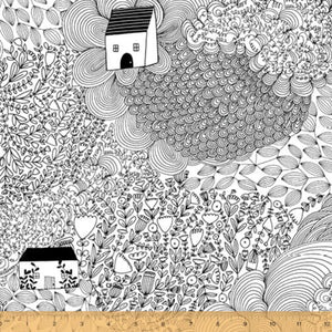 A fabric featuring a white line drawing of a house surrounded by abstract floral patterns.