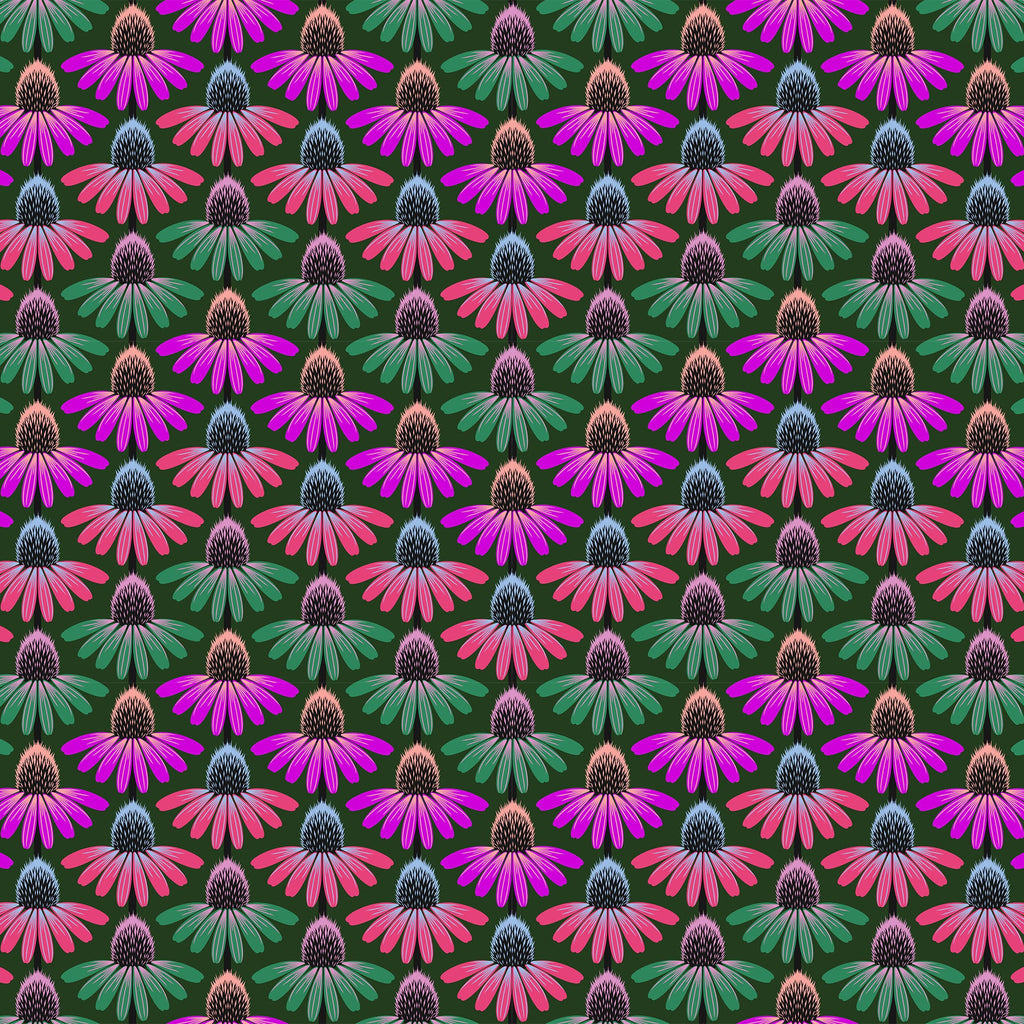 Pattern of colorful flowers with pink, purple, and green hues on a dark background.