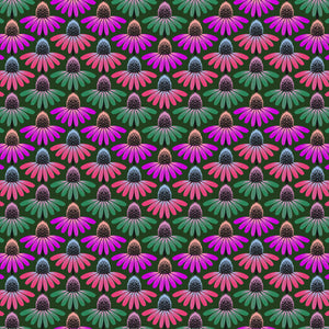 Pattern of colorful flowers with pink, purple, and green hues on a dark background.