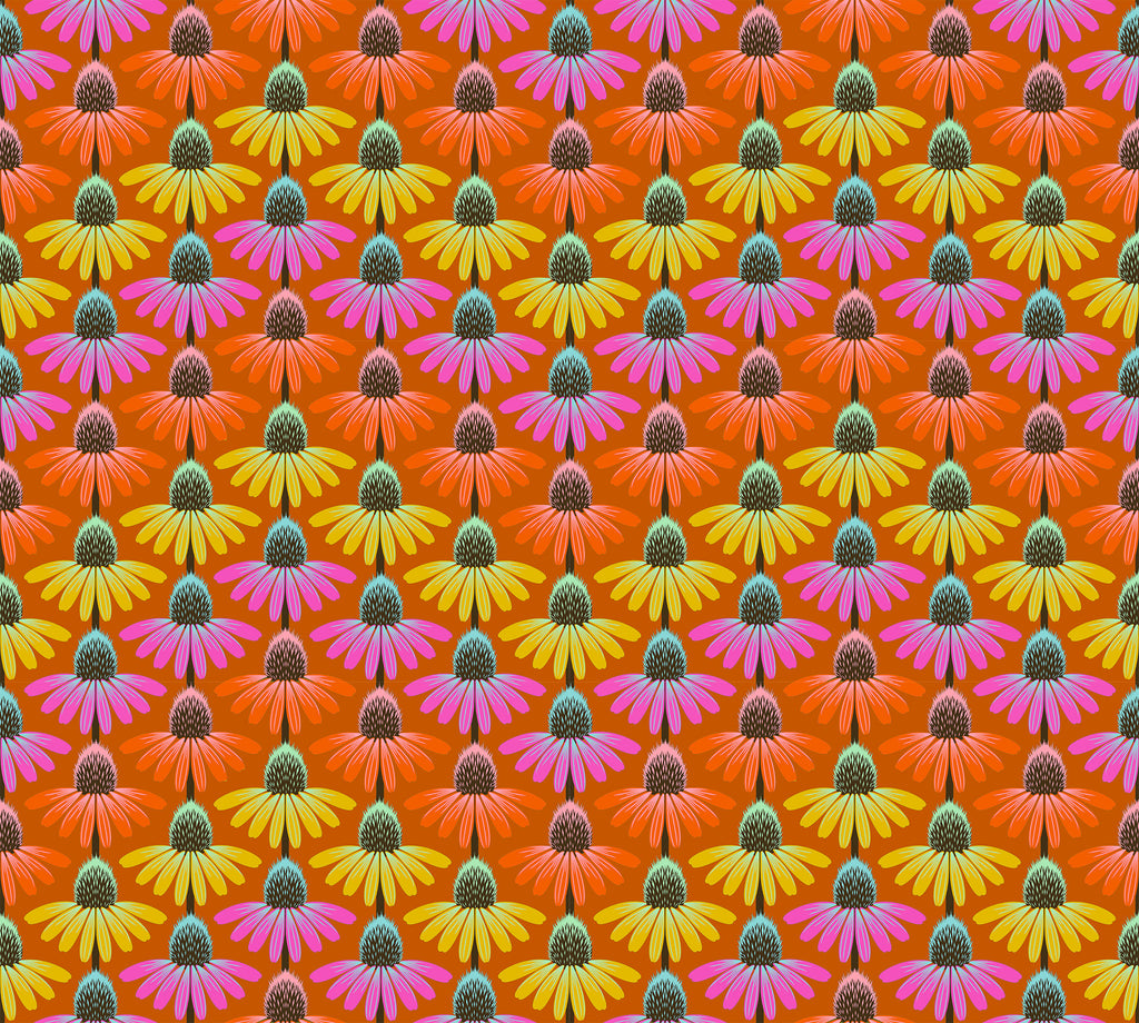 Pattern of colorful flowers in orange, pink, yellow, and green on a multicolored background.