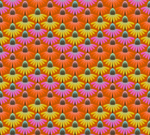 Pattern of colorful flowers in orange, pink, yellow, and green on a multicolored background.