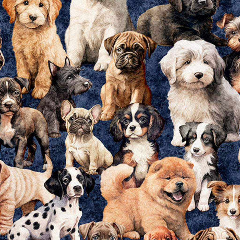 Pattern of various puppies on a blue background