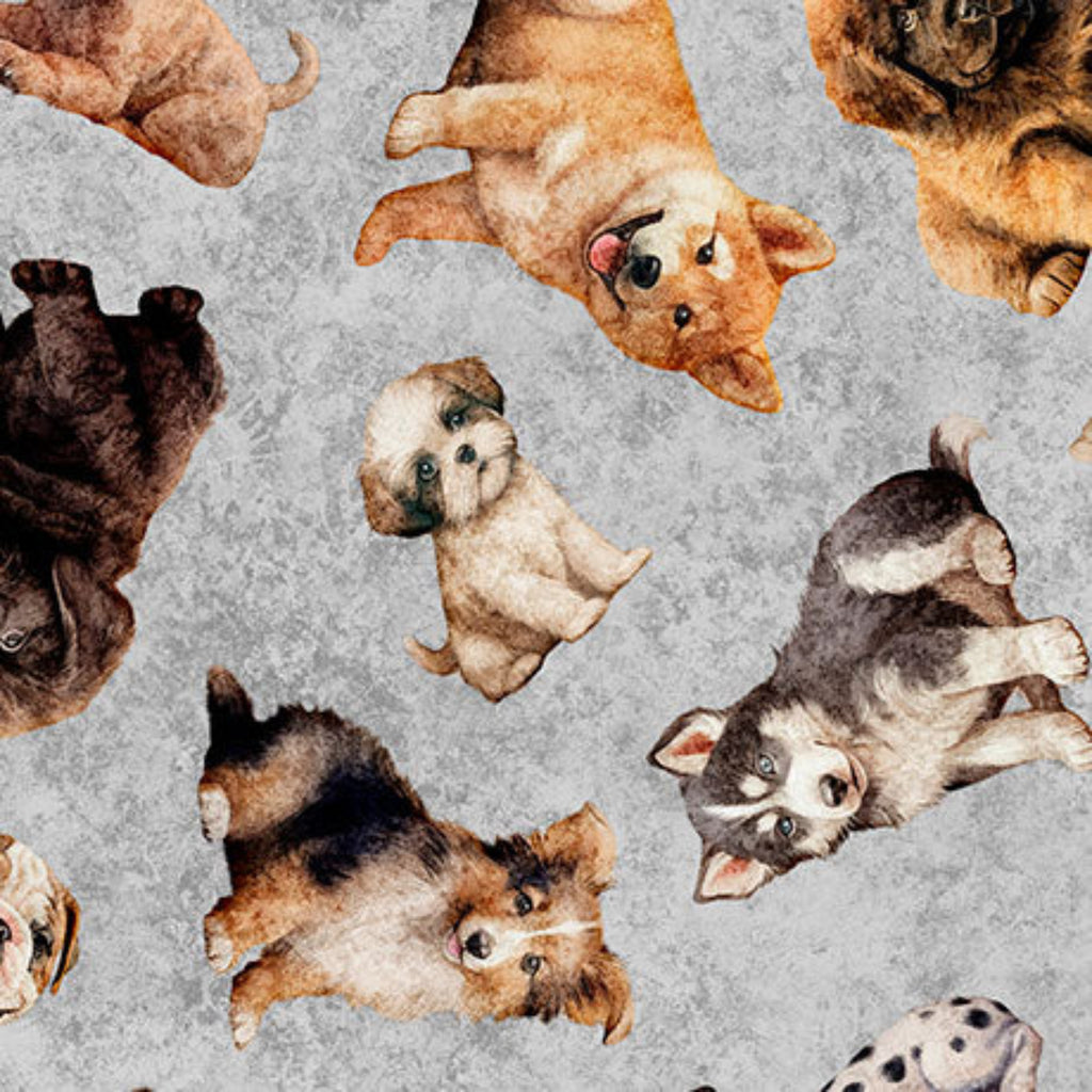 Pattern of various dog breeds on a gray background