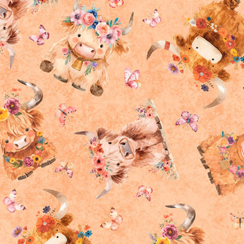 Pattern of cartoon highland cows with flowers and butterflies on a peach background
