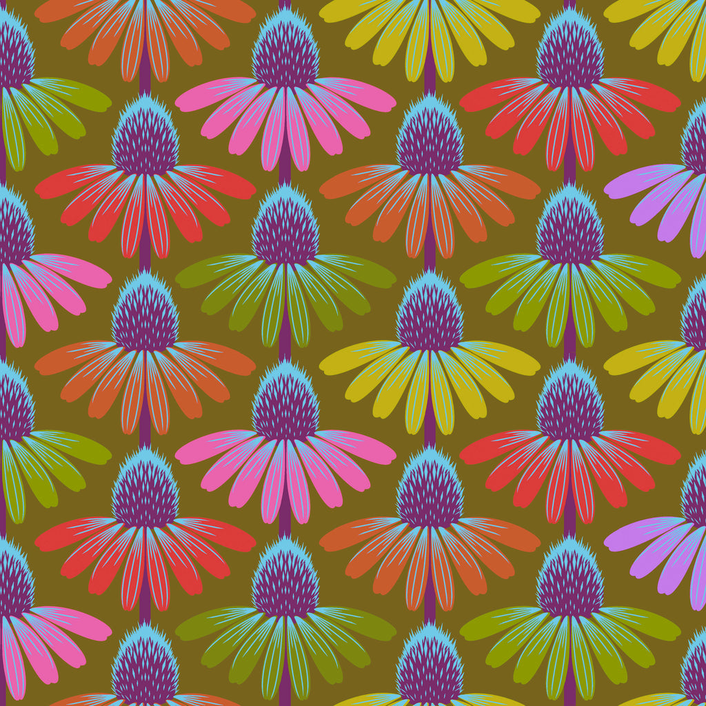 Pattern of colorful flowers on a green background