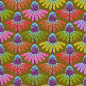 Pattern of colorful flowers on a green background