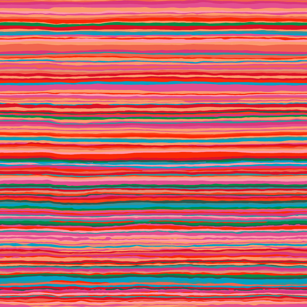 Colorful striped pattern with pink, red, green, and blue lines.