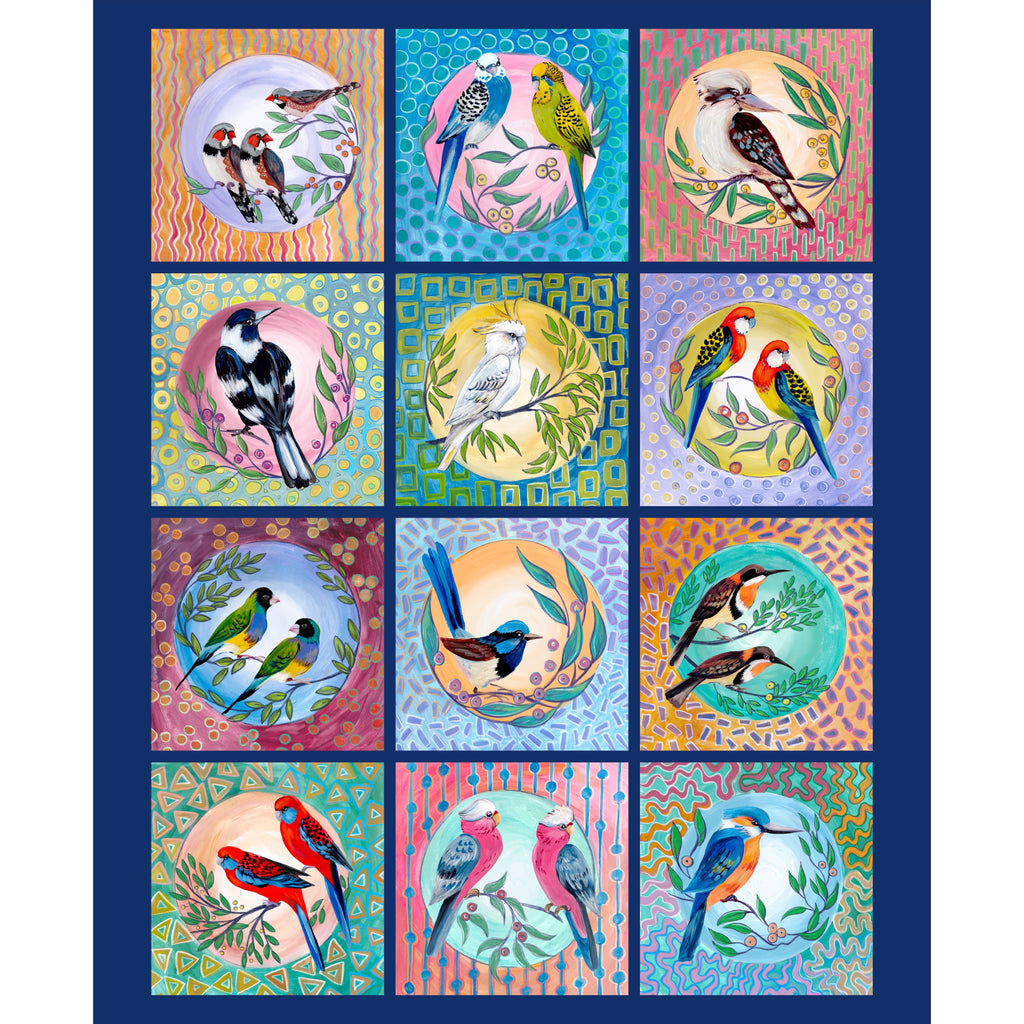 A square textile or art print featuring a 4x3 grid of 12 colorful bird illustrations, each set within a circular frame on a patterned background, all arranged on a dark navy blue field.