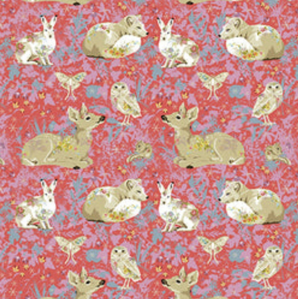 Pattern of deer, owls, and rabbits on a red background