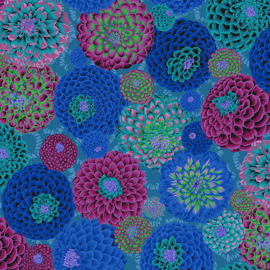 Pattern of colorful floral designs in blue, pink, and green on a blue background.