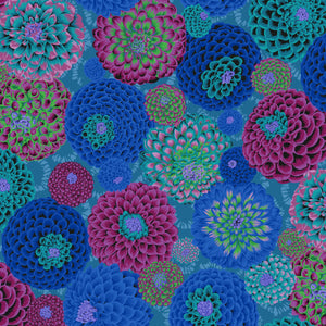 Pattern of colorful floral designs in blue, pink, and green on a blue background.