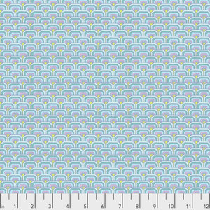 Patterned fabric with geometric design on a light blue background
