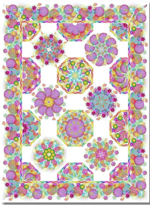 Colorful floral and geometric patterned quilt with a border