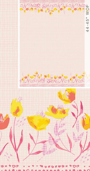Floral patterned paper with yellow and pink flowers on a light pink background