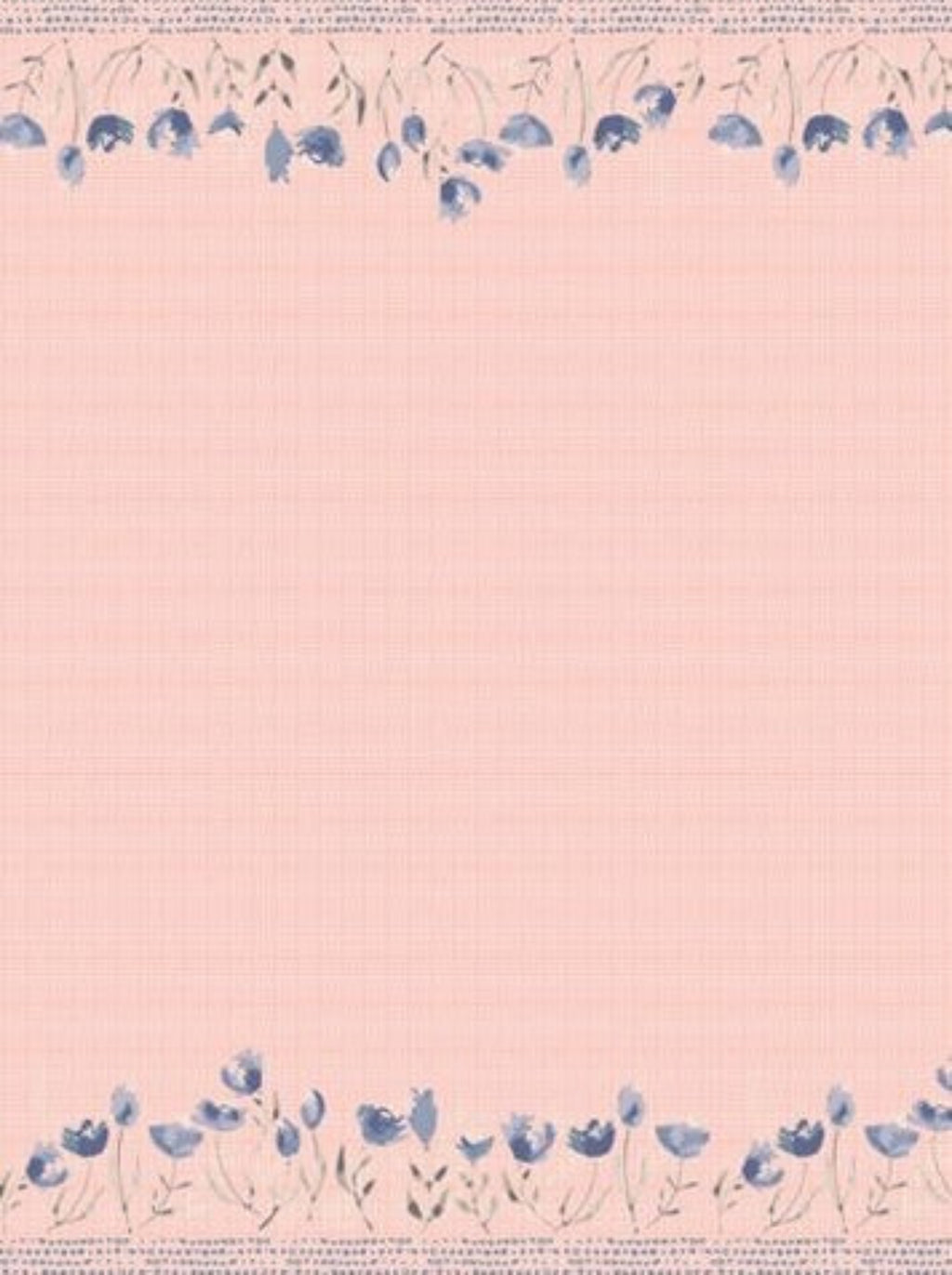 Pink background with blue floral pattern at the top and bottom