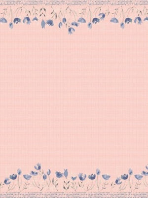 Pink background with blue floral pattern at the top and bottom