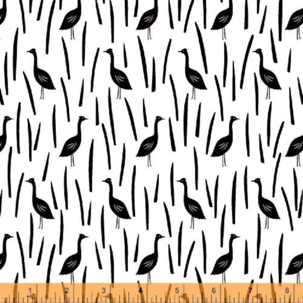 Fabric with a pattern of black bird silhouettes on a white background, measured in 25 cm increments.