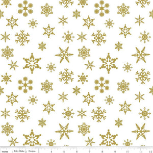 A fabric featuring a pattern of metallic gold snowflakes on a white background.