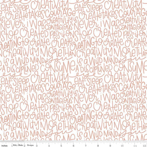 A textured metallic rose gold fabric with a pattern of text in a bold font, likely intended for crafting or fashion design.