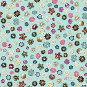 CUTE AS A BUTTON Buttons & Flowers Aqua.Priced per 25cm.