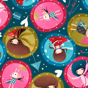 A fabric with a repeated pattern of circular medallions featuring illustrations of girls in various poses and accompanying hearts and stars, on a teal background.