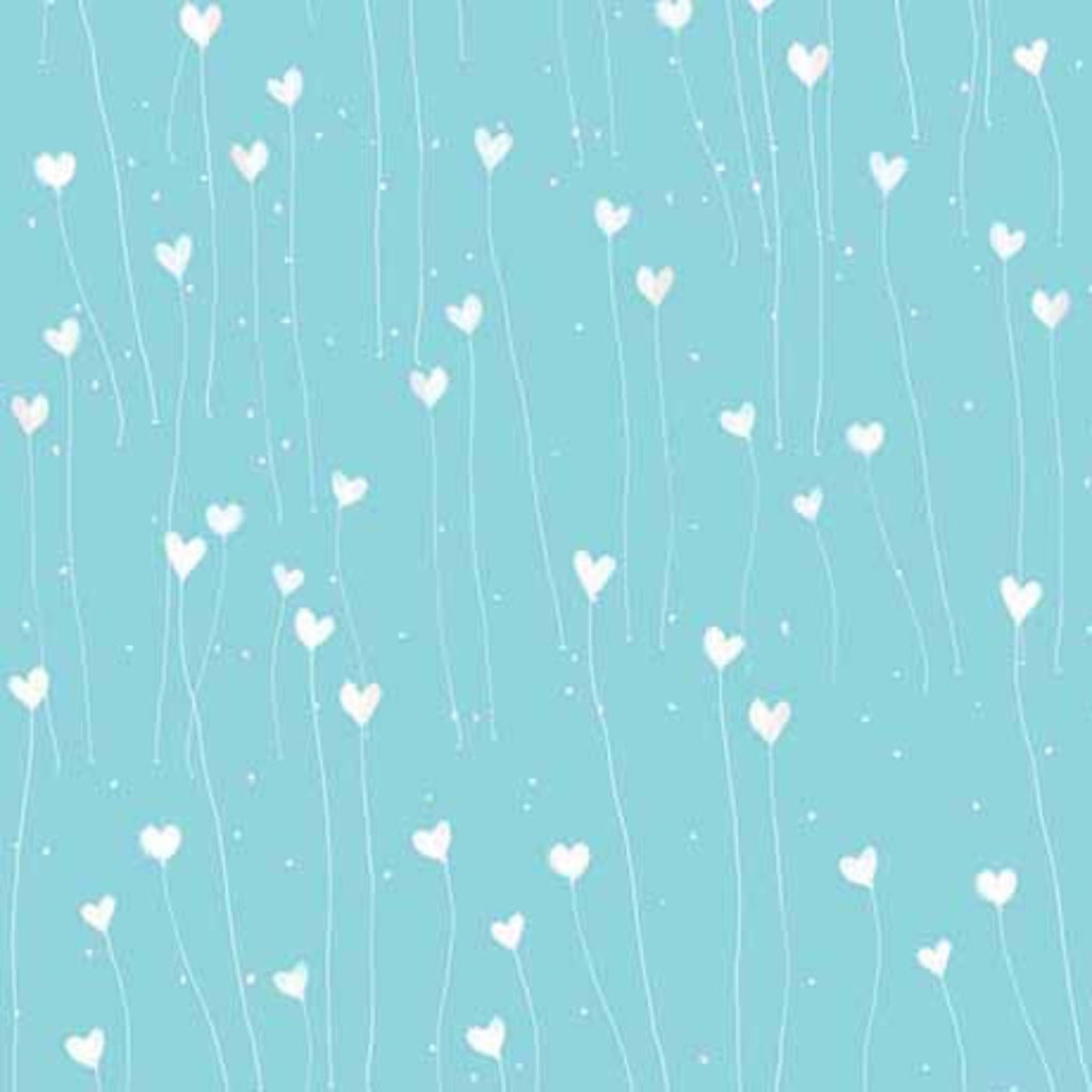 A fabric featuring a pattern of white hearts on a teal blue background.