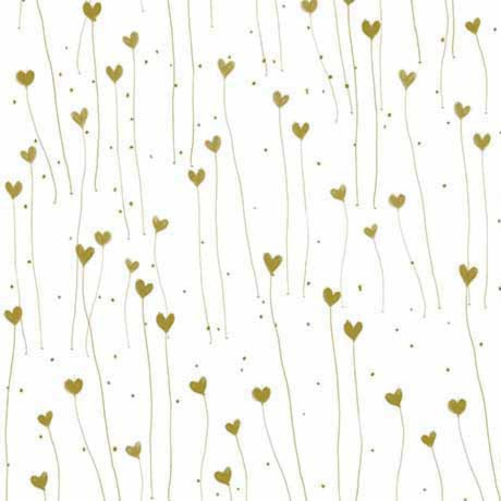 White fabric with a pattern of green hearts aligned in vertical lines and small yellow dots scattered around.