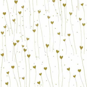 White fabric with a pattern of green hearts aligned in vertical lines and small yellow dots scattered around.