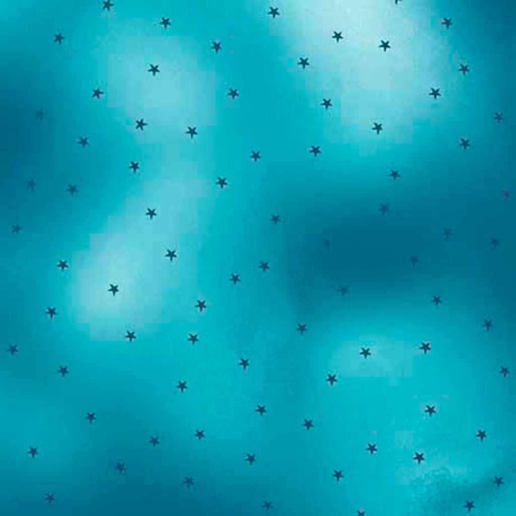 A piece of fabric with a teal color background featuring a pattern of white stars.