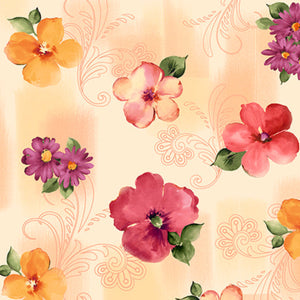Floral pattern with pink, purple, and orange flowers on a beige background