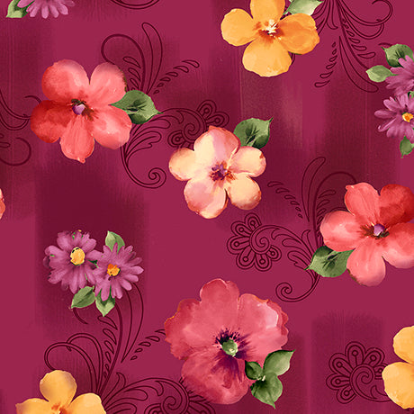 SOPHIA SPACED FLORAL 26071M  DK CRANBERRY.Priced per 25cm.