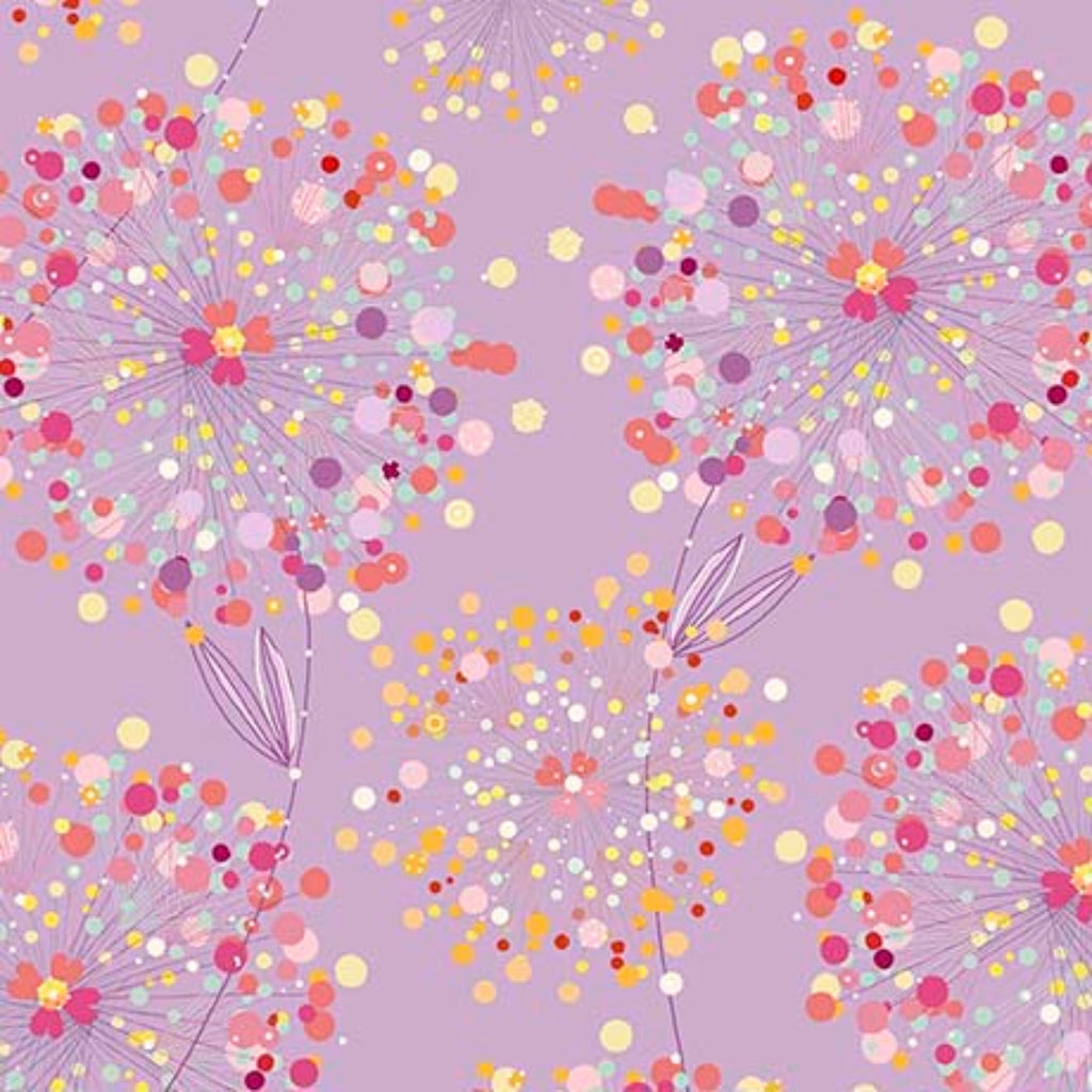 A piece of fabric featuring a floral pattern with lilac background and multicolored blossoms.