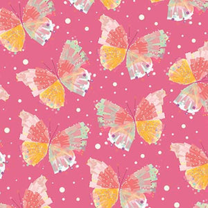 A fabric featuring a pink background with a pattern of multicolored butterflies and dots.