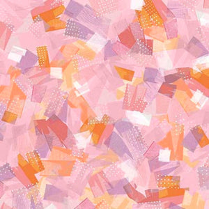 A piece of fabric with a floral pattern featuring a mix of pink, purple, and orange colors, designed by Turnowsky.