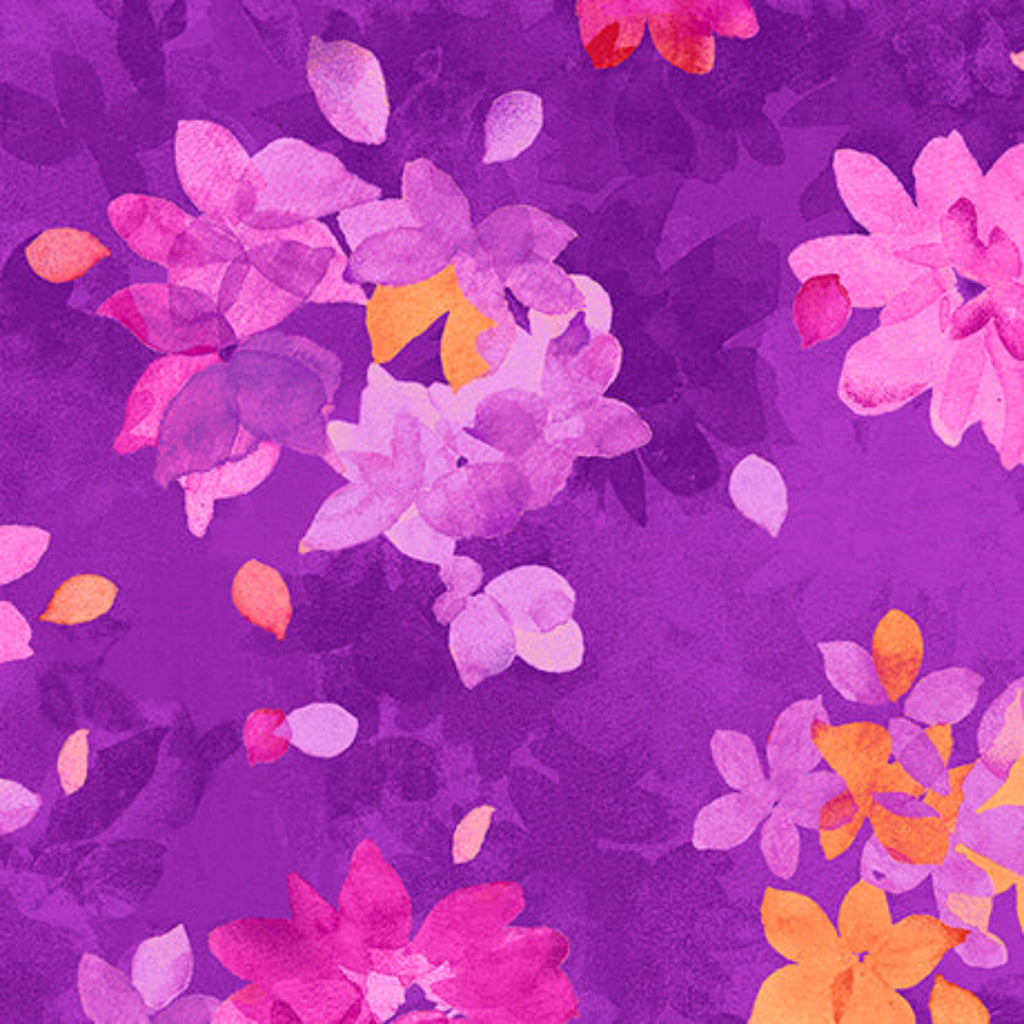 A purple fabric with a watercolor floral pattern in pink, orange, and gold hues.