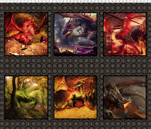 A collection of six different images featuring various dragon illustrations, predominantly in fantasy-themed settings, displayed on a fabric panel.