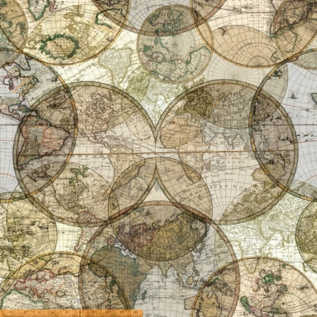 A fabric featuring a repeating pattern of world globes in beige, brown, and multicolor on a fabric by Whistler Studio.