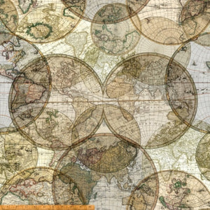 A fabric featuring a repeating pattern of world globes in beige, brown, and multicolor on a fabric by Whistler Studio.