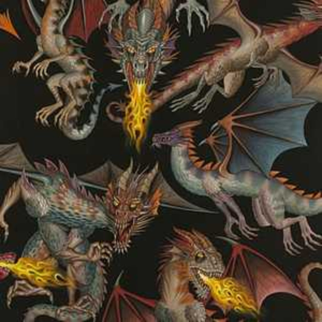 Colorful dragons on a black background