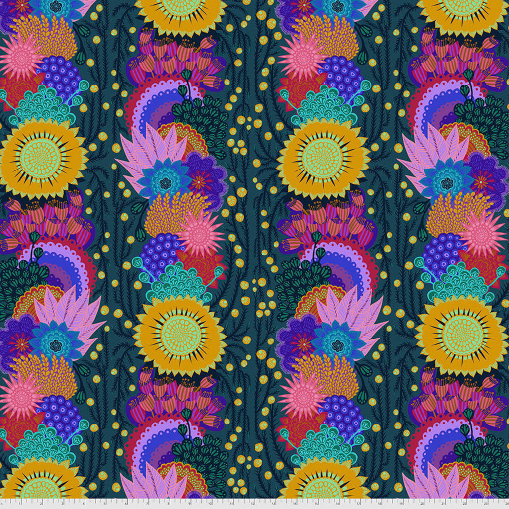 A fabric featuring a vibrant pattern with various flowers and embroidered details on a dark background.