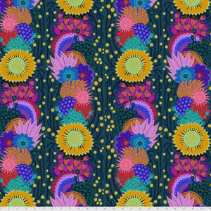 A fabric featuring a vibrant pattern with various flowers and embroidered details on a dark background.