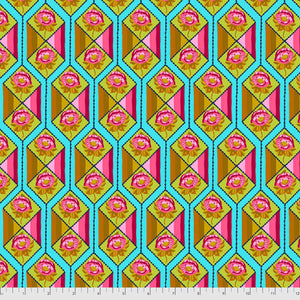 A patterned fabric featuring a geometric and floral design with shades of pink, yellow, green, and blue.