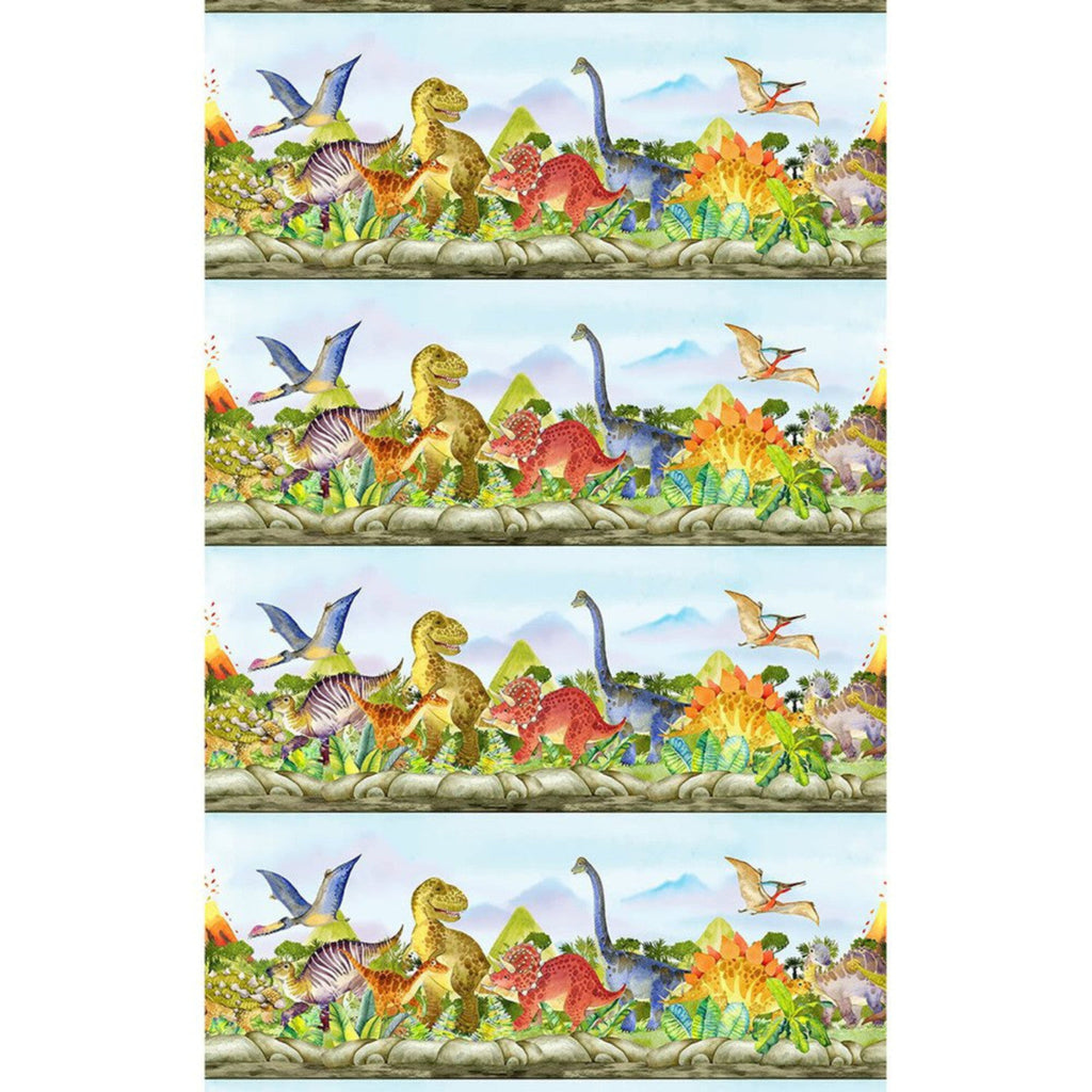 A fabric with a colorful print of various dinosaurs and birds in a prehistoric landscape.
