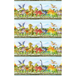 A fabric with a colorful print of various dinosaurs and birds in a prehistoric landscape.
